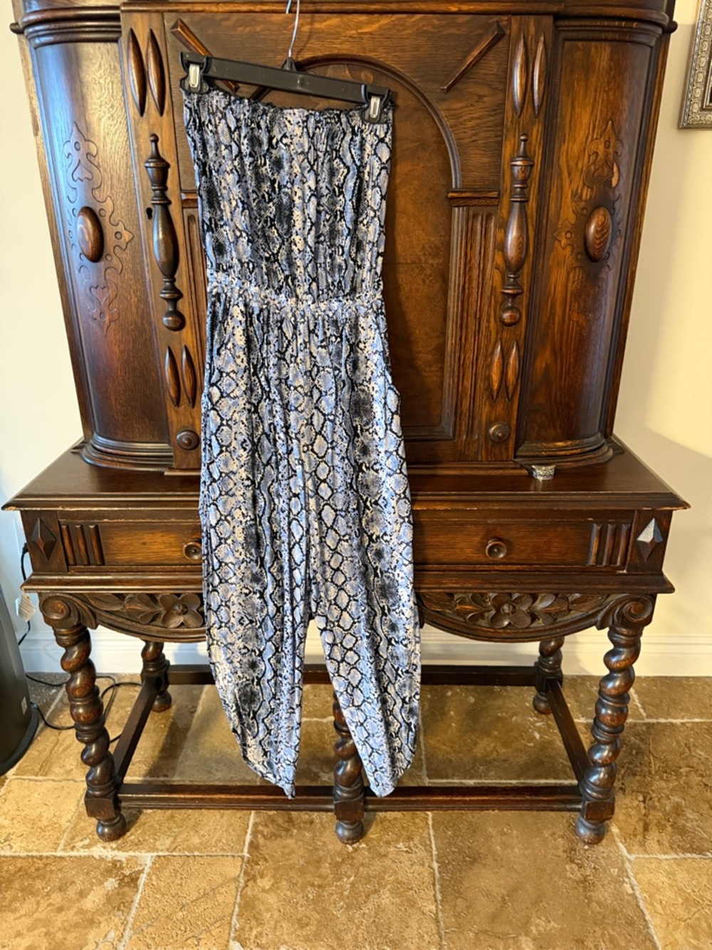 Bar III Black and Light Blue Snake-Print Strapless Jumpsuit